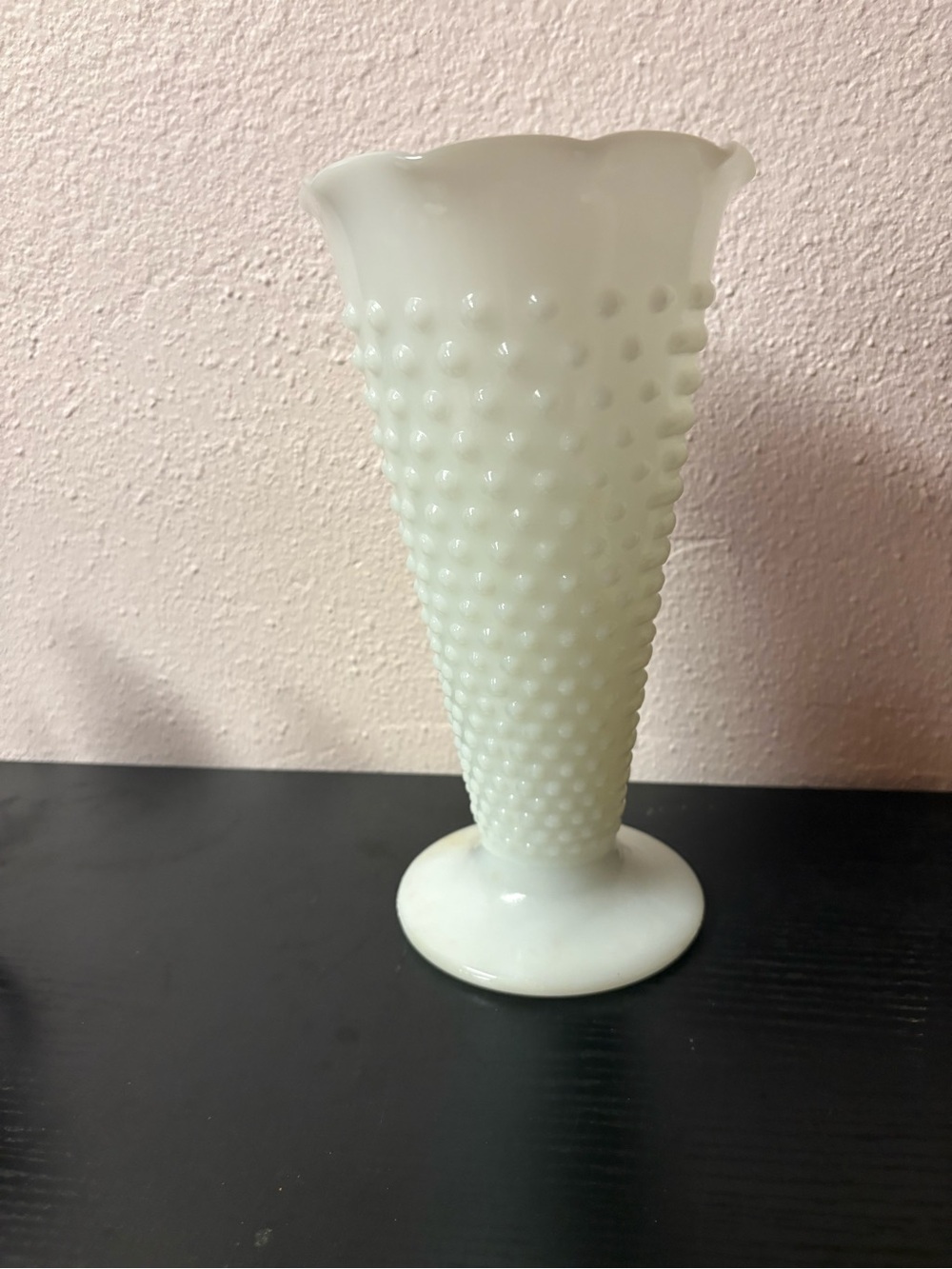 Vintage White Milk Glass Hobnail Pedestal Vase Ruffled Scalloped Rim - Picture 3 of 9